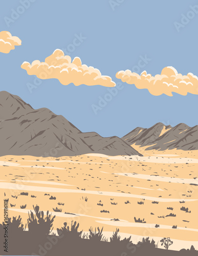 WPA poster art of Cave Mountain in the Mojave Desert located between Barstow and Baker,California, United States USA done in works project administration or federal art project style.