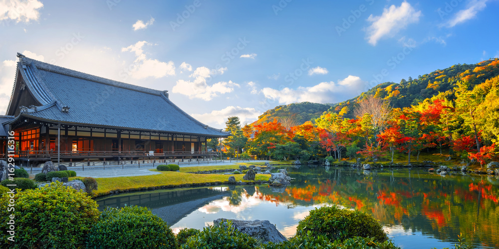 Obraz premium Scenic view of Tenryuji temple with beautiful foliage in autumn in Kyoto, Japan