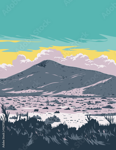 WPA poster art of the Mojave Desert with San Gabriel Mountains near Adelanto, California, United States done in works project administration or federal art project style.