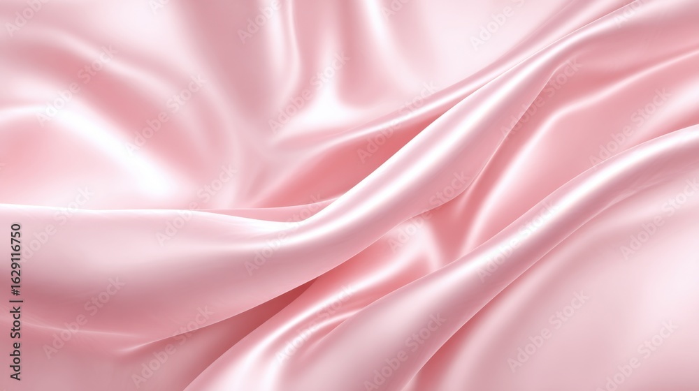 Obraz premium A delicate pink satin fabric spreads across a surface, displaying smooth, lustrous areas where light reflects. The soft texture creates gentle folds and drapes, highlighting its elegance.