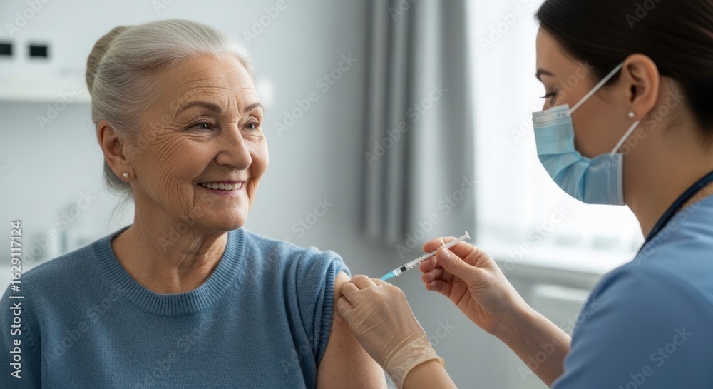 Fototapeta premium A nurse administers a vaccine to an elderly woman in a medical office.