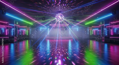 Vibrant nightlife scene illuminated with multicolored neon lights and disco ball glamour