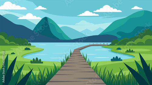A grassy walkway along a peaceful lake offering a respite from the busy world and a place to mindfully connect with oneself and the surroundings.. Vector illustration