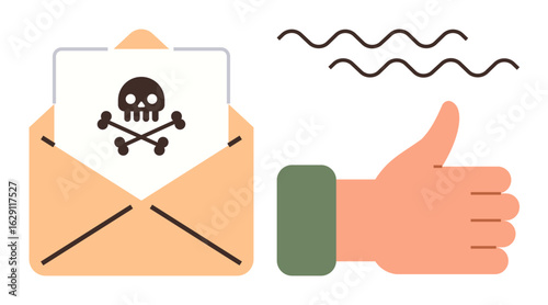 Envelope containing pirate-themed alert, hand gesture expressing approval contrast. Ideal for caution, email phishing, malware, cybersecurity, warning, approval, simple flat metaphor
