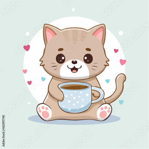 Cute British Shorthair Cat Mascot Sipping Coffee Mug - Cozy Cafe Character