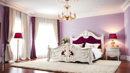 Classic hotel bedroom interior with luxury furniture and elegant decor by a window