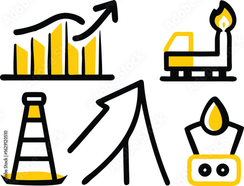 A versatile grid of twelve icons illustrating key concepts related to the oil and gas industry and energy production