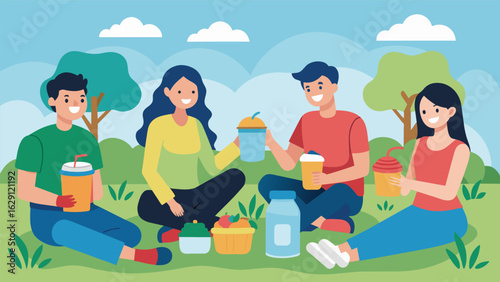 A group of friends having a zerowaste picnic using reusable containers and utensils and packing biodegradable snacks..