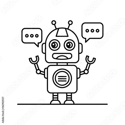 Vector art of cute robot with speech bubbles, isolated on white background