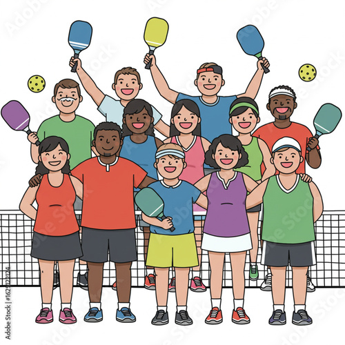Happy diverse group of people playing pickleball together on a sunny day