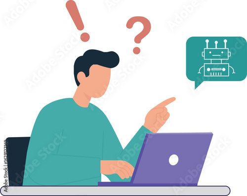 A man at his laptop interacts with an AI chatbot, expressing confusion and seeking answers. A flat vector illustration of tech support and problem-solving