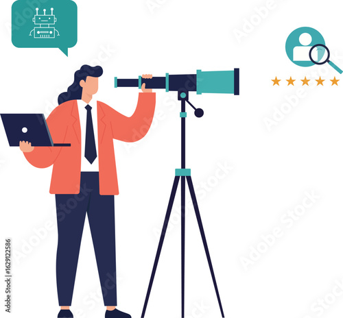 A professional uses AI and a telescope to search for highly-rated candidates, symbolizing strategic recruitment, data analysis, and business foresight