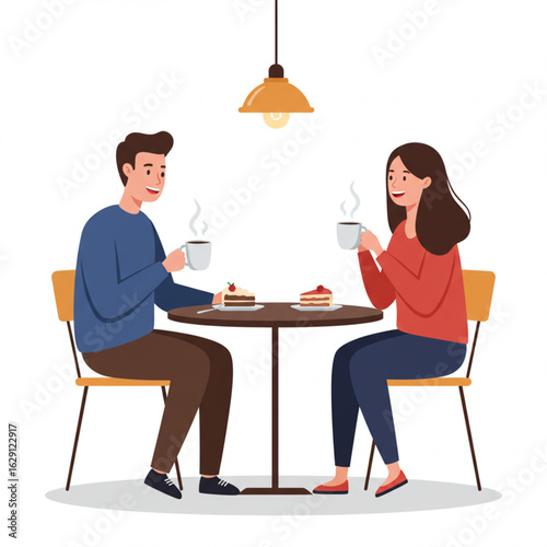 Couple enjoying coffee and cake at a cafe table, smiling and having a conversation