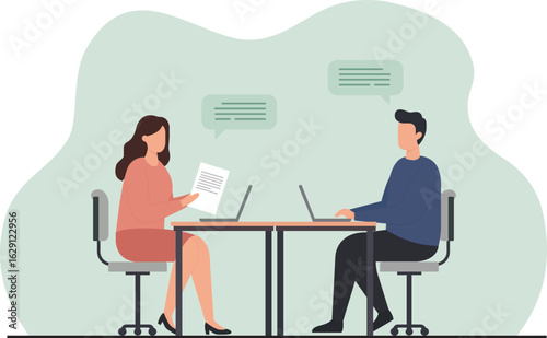 A flat vector illustration of two colleagues in a business meeting or job interview, communicating and collaborating at a desk with laptops