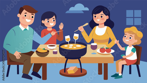 A family sitting around the dining table enjoying a fondue dinner with warm gooey cheese and bread..