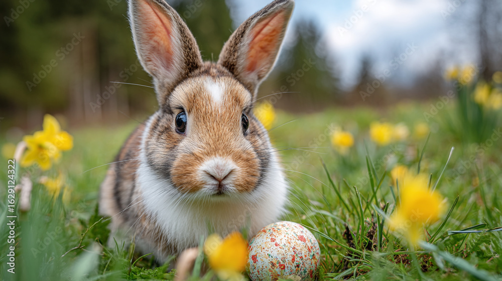 Fototapeta premium A rabbit sitting in a field of daffodils with an easter egg in the foreground