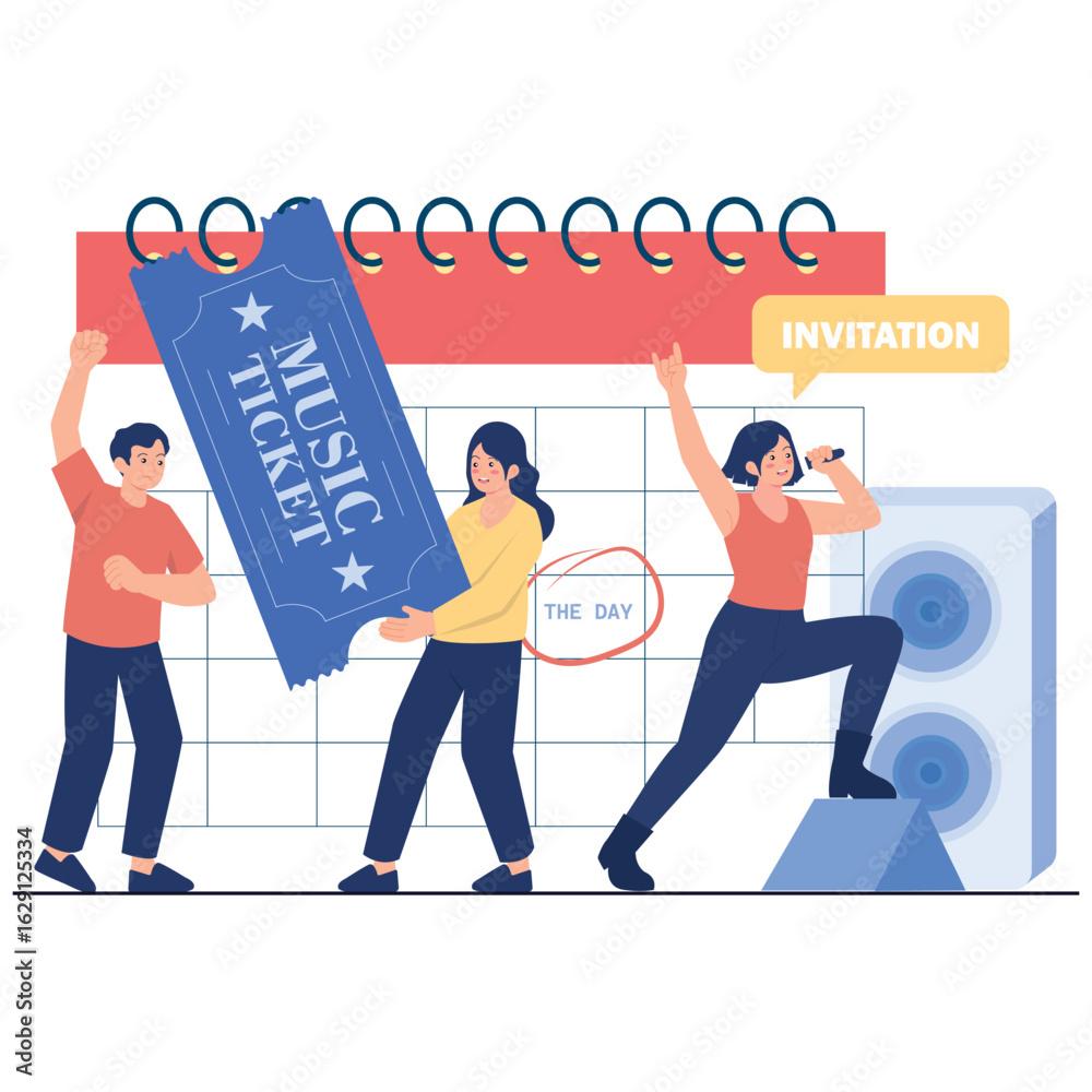 Obraz premium Music Festival Illustration. Vector illustration of People holding a giant music ticket with a calendar reminder for an upcoming concert or music festival event. Isolated on background