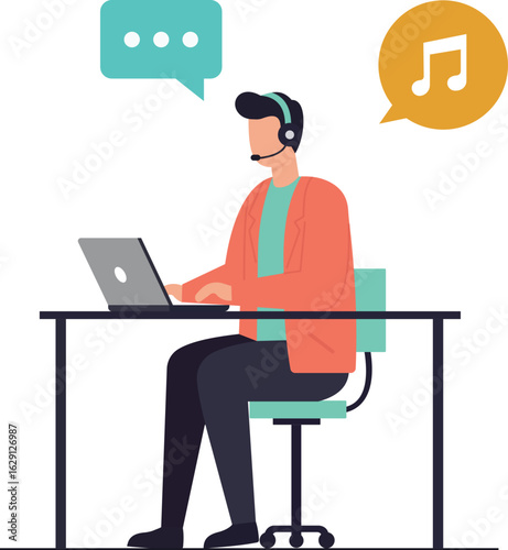A man with a headset works on a laptop. Speech bubbles suggest customer support, communication, or listening to music. Flat vector illustration