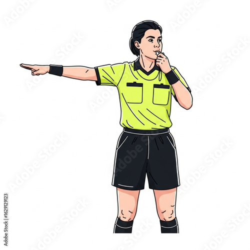 Soccer Referee Signaling Foul with Whistle and Hand Gesture on White Background