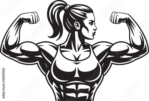 Muscular Woman Flexing Biceps in Black and White Illustration