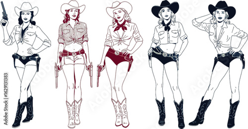 Western Cowgirl Illustrations with Various Poses and Outfits