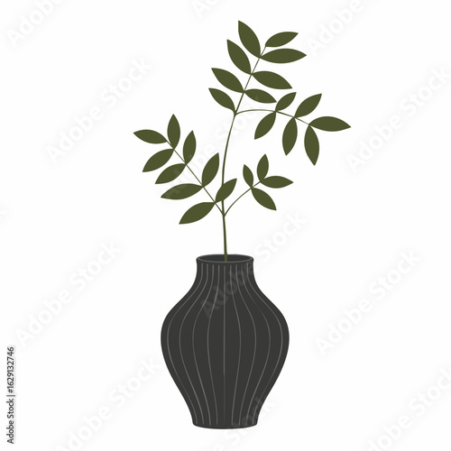 Stylized Olive Green Leaves in a Dark Gray Fluted Vase Illustration