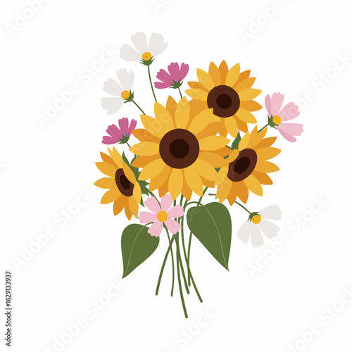 Cheerful Sunflower and Cosmos Bouquet with Pink and White Blooms, Green Leaves