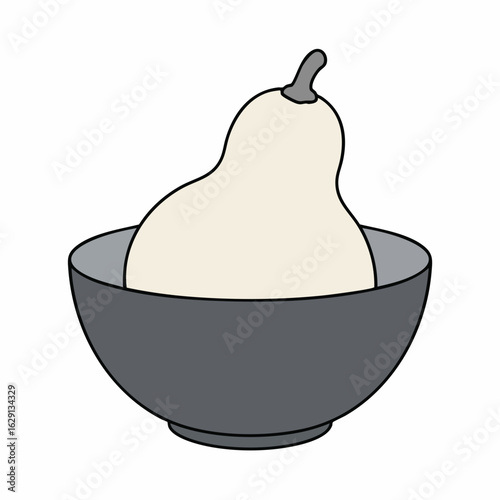 Stylized Creamy White Pear in a Dark Gray Bowl with Black Outline