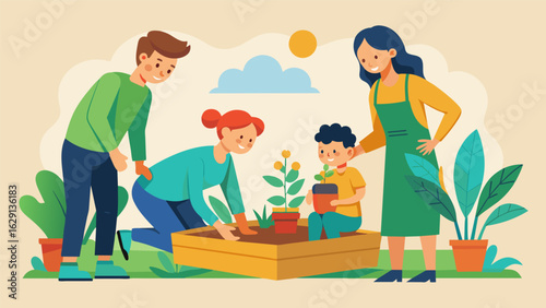 A family works together to build a new garden bed excitedly planning and envisioning the future plants that will enhance their theutic space.. Vector illustration