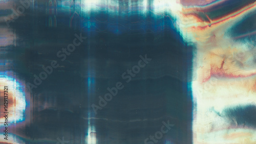 Damaged screen. Glitch glow flare. Fiction light color scratch defocused black background copy space. Distressed gradient distortion surface.