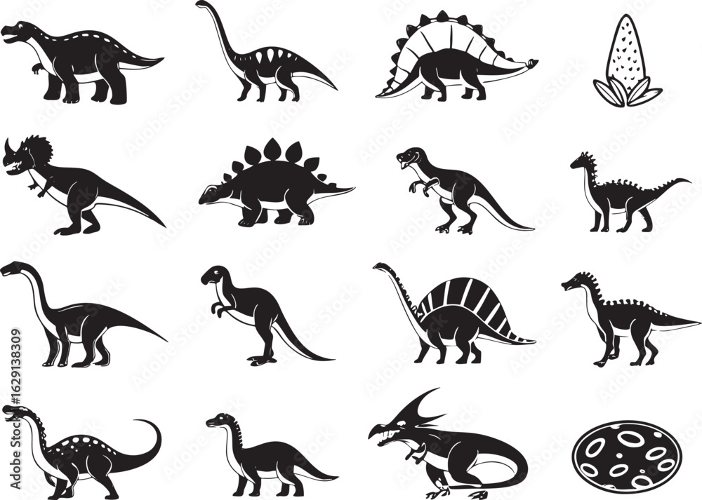 Obraz premium Dinosaur Prehistoric Life Icons on White Background Vector Clipart Collection