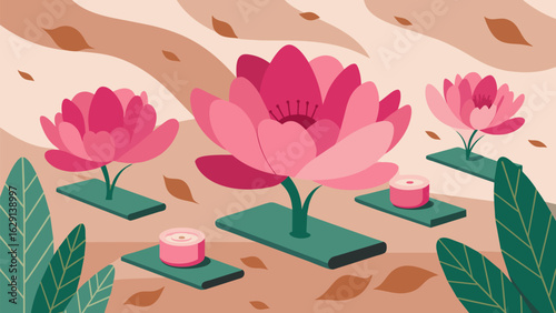 A burst of bright pink flowers offers a pop of contrast to the soft earthy tones of the outdoor Pilates mats as a small class flows through a series. Vector illustration