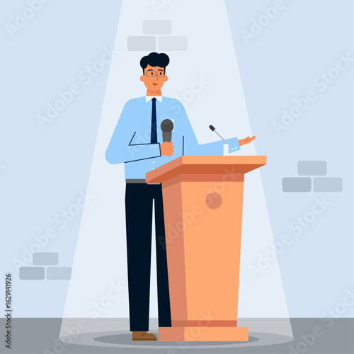 Young man giving speech in front of audience