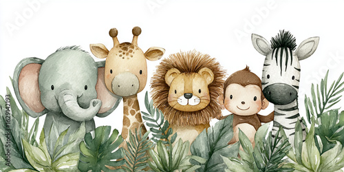 Watercolor illustration of cute jungle critters