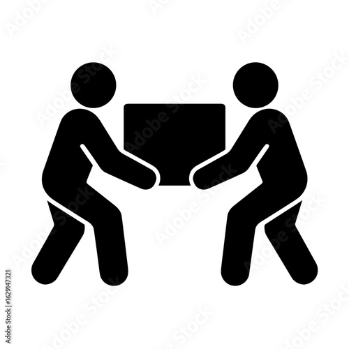 Two people lifting a box icon with solid fill representing teamwork and shared responsibility