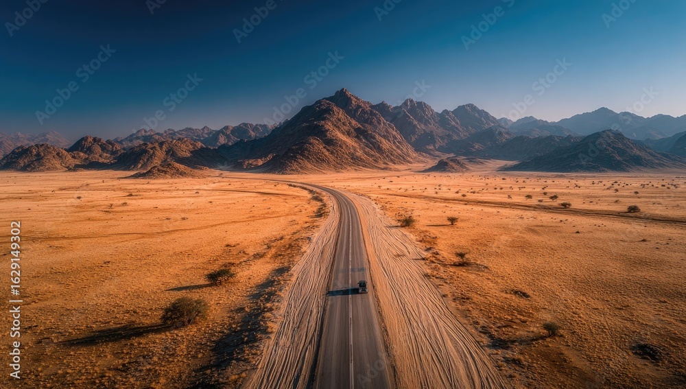 Naklejka premium Desert highway, mountain backdrop, aerial view