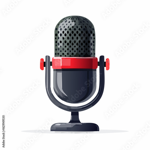 A classic retro vintage microphone with a red accent stands on a black base, symbolizing audio recording and broadcasting in a studio or performance setting.