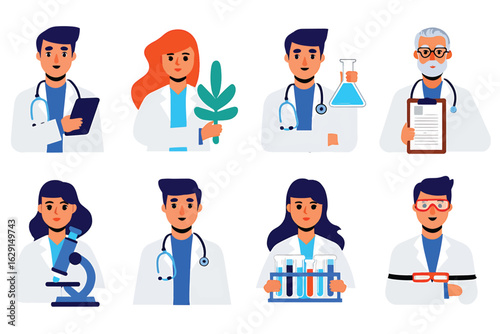 Set of Doctor and Scientist Characters in Lab Coats