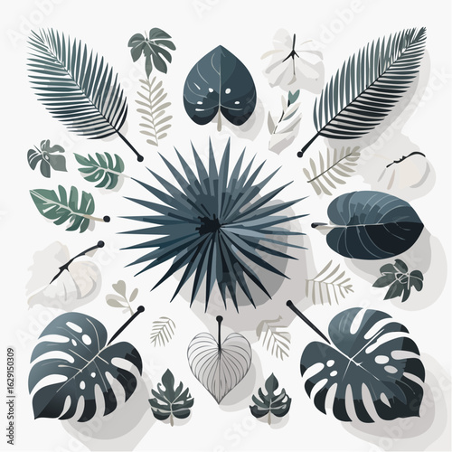 A curated collection of stylized tropical and palm leaves in various shades of green and blue, creating a modern botanical arrangement on a light background