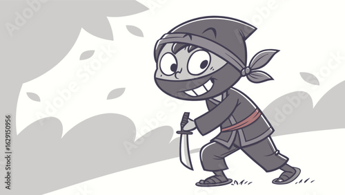 Illustration of a young ninja in gray tones holding a sword with a masked face and headband outside in nature