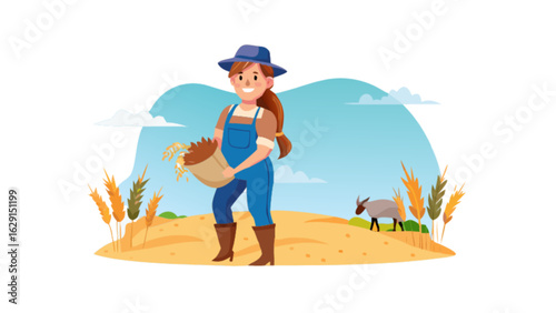 A woman in overalls and a hat carrying a basket of harvested grain in a field with a goat nearby