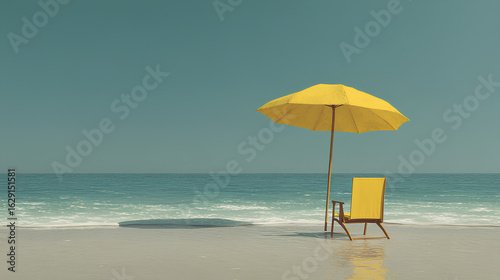 Minimalist Beach Scene with Yellow Umbrella and Chair