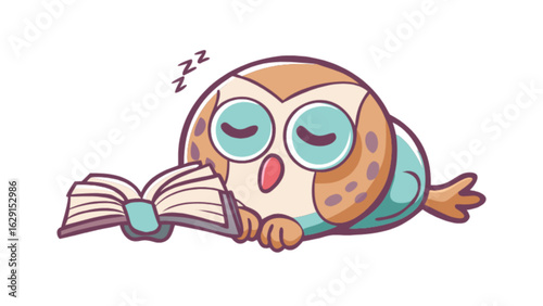 Cartoon owl sleeping next to an open book with zzz above its head indicating it is asleep and resting