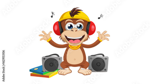 Cartoon monkey wearing headphones and a hard hat dancing with speakers and music notes around it