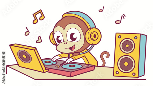 Cartoon monkey dj with headphones playing music on turntables with speaker and music notes around