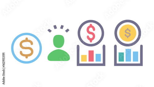 Illustration showing a person with dollar coins and bar graphs representing growth and investment gains