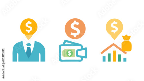 Illustrative icons depicting financial concepts such as investment and monetary management ideas