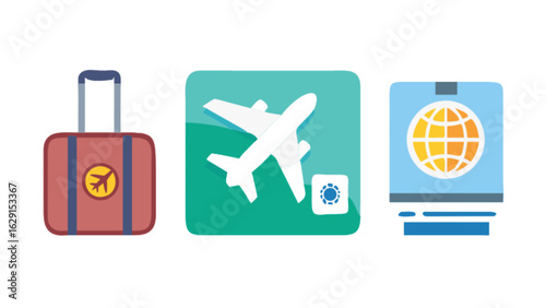 Illustration depicting travel elements including a suitcase an airplane and a globe symbol icon