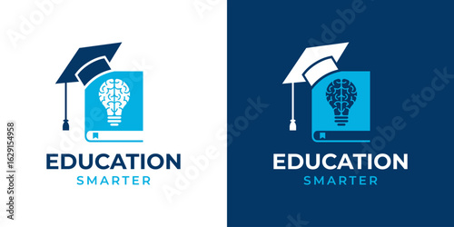 Book Education Logo Design Vector Template. Book, Graduation Hat, Brain Smart Creative Education Logo Icon Symbol Design..eps