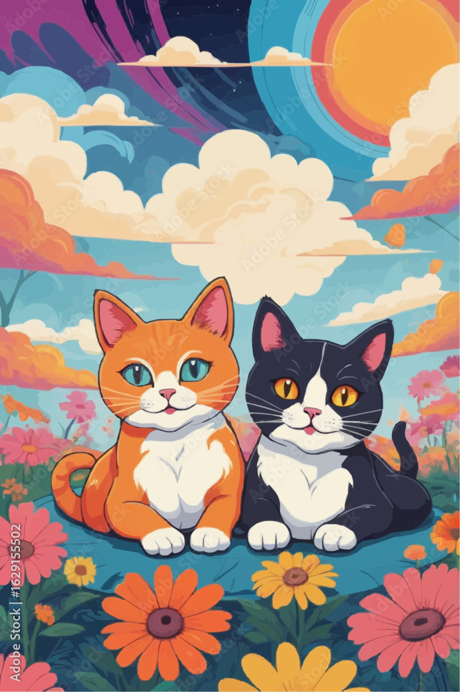 Obraz premium Groovy Cats in Love Psychedelic 70s Vector Illustration